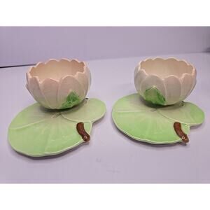 Vintage RARE Pair Carlton Ware Pink Lilly on Green Lilly Pad Bowl/Candleholders